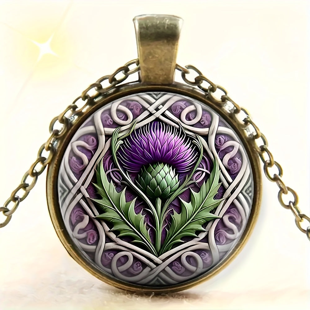 TEMU Elegant And Fashionable Scottish Thistle Floral Pattern, Celtic Style, Pendant Necklace Keychain Set - Simple Round Design, Bright Colors, Ideal