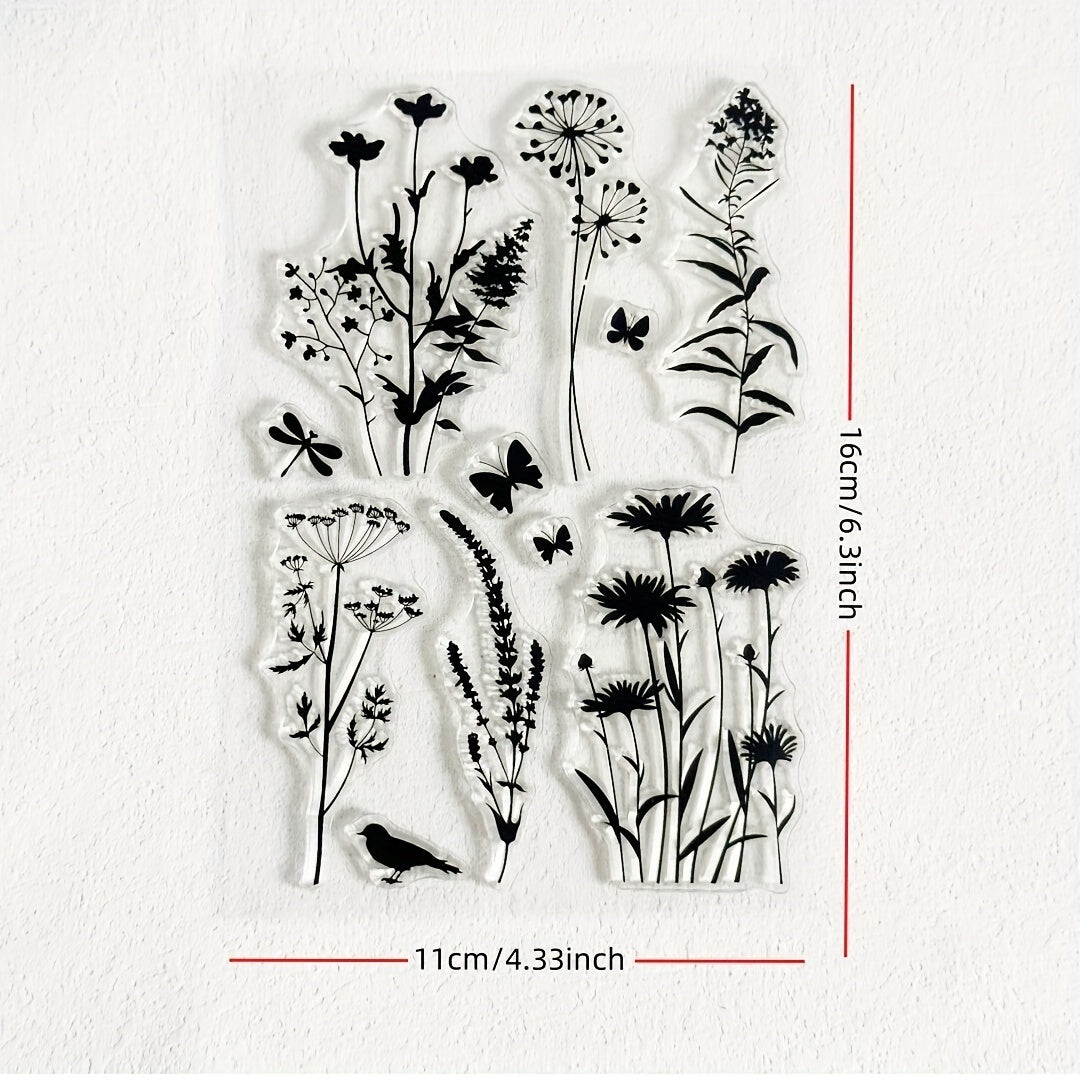 TEMU 1pc Transparent Stamp With Botanical Floral & Cutouts - Black Ink Leaf Stamps For Scrapbooking, Journaling, Card Making - Daisies, Lavender,