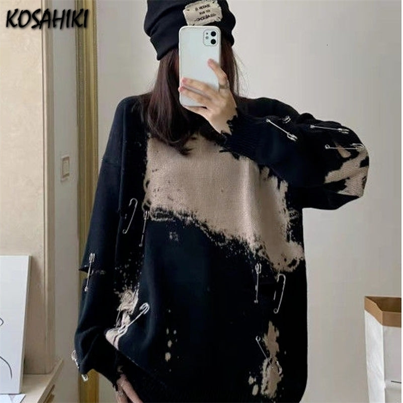 KOSAHIKI Tie Dye Pins Ripped Holes Knitting Sweaters Hip Hop Streetwear Pullover Harajuku Loose Black Tops Vintage Jumpers 240812