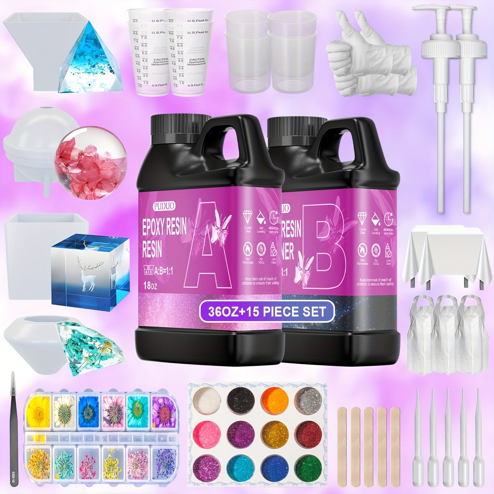 TEMU Puduo Complete Epoxy Resin Kit With 18oz Resin & Hardener, Bubble-, Easy 1:1 Ratio, With Measuring Cup, Pump, Molds & Dried Flowers - Set For