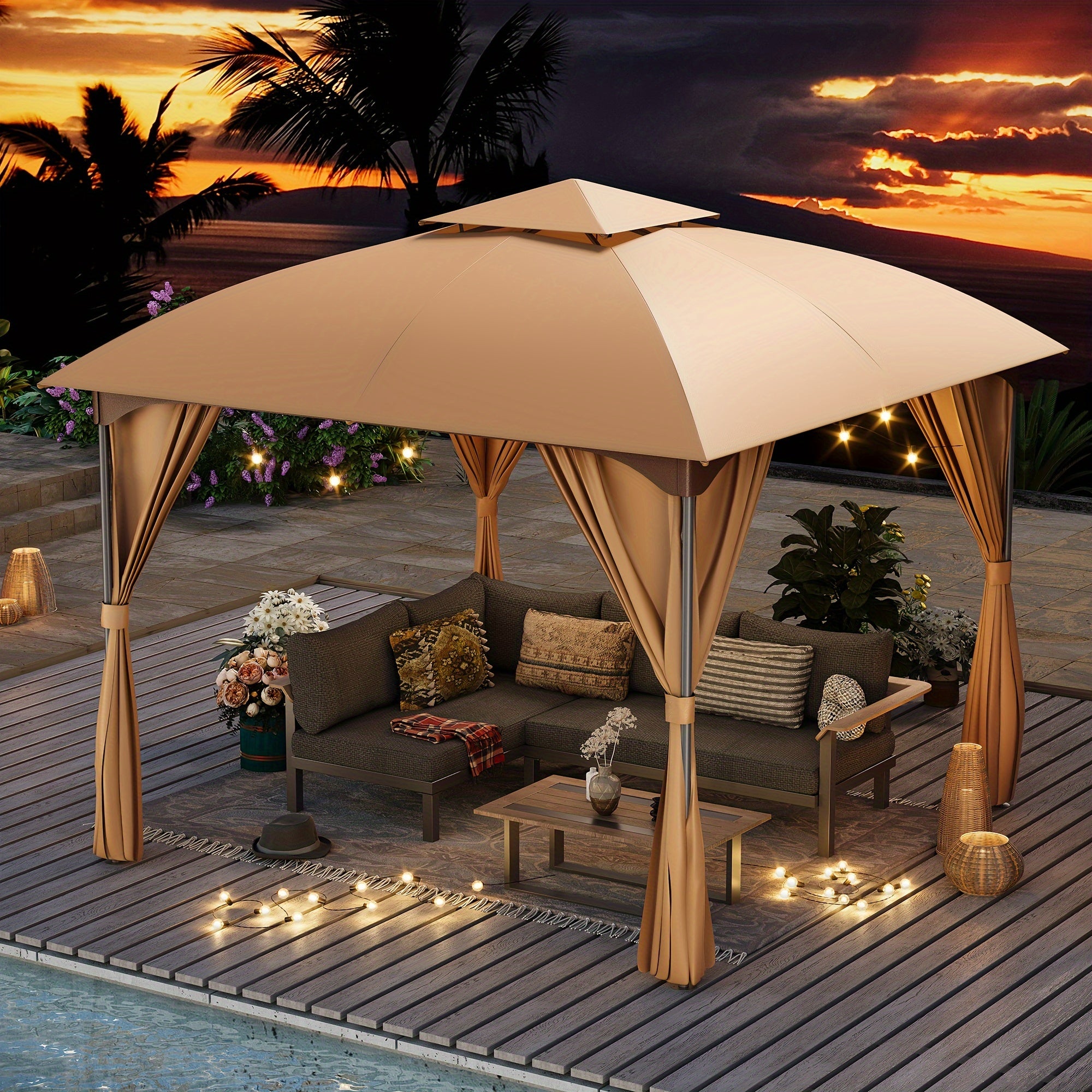 TEMU 10x10 Ft Arch Gazebo Canopy Tent With Side Curtains, Easy Setup Party Tent Shelter For Patio, Poolside, Backyard And Lawn, Gray