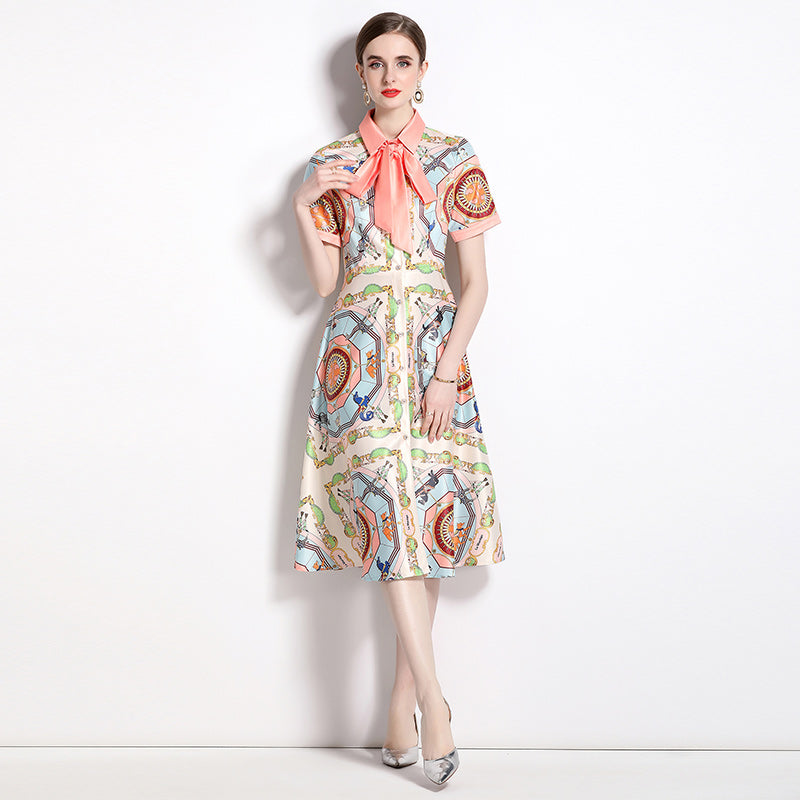 Summer Print Slim A-Line Dress Short Sleeve 2023 Women Designer Shirt Neck Office Chic Loose Big Swing Midi Dresses Sweet Casual Resort Ribbon Bow C