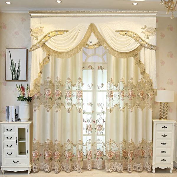 European Style Curtains Luxury Swag Waterfall Valance with Tassel Beads Fringe Trim for Living Room Rod Pocket Curtain Sale