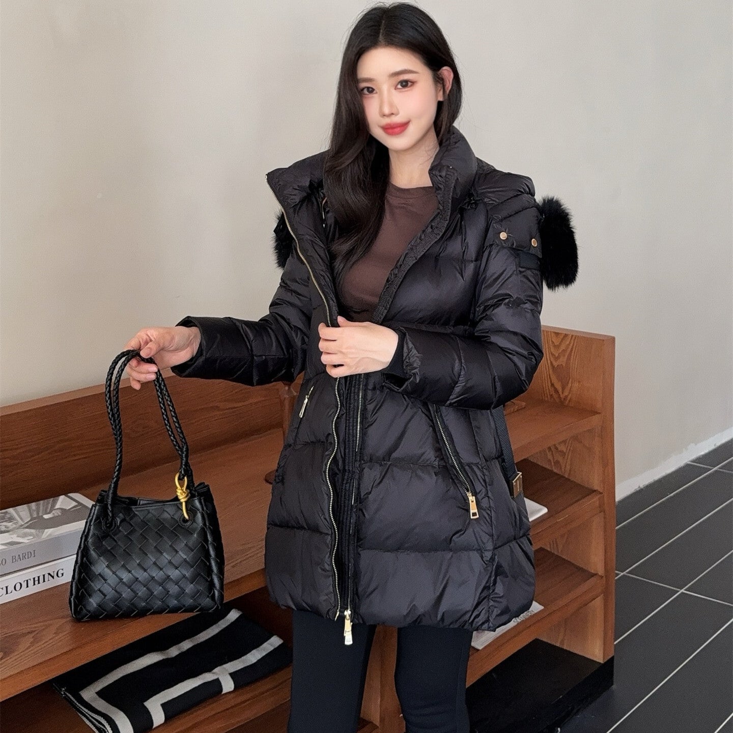 Womens Luxury Mid Long Down Coat Lightweight Warm Slim Fit Fashion Stylish Outerwear Natural White Goose Down Filling Premium Quality Elegant Winter