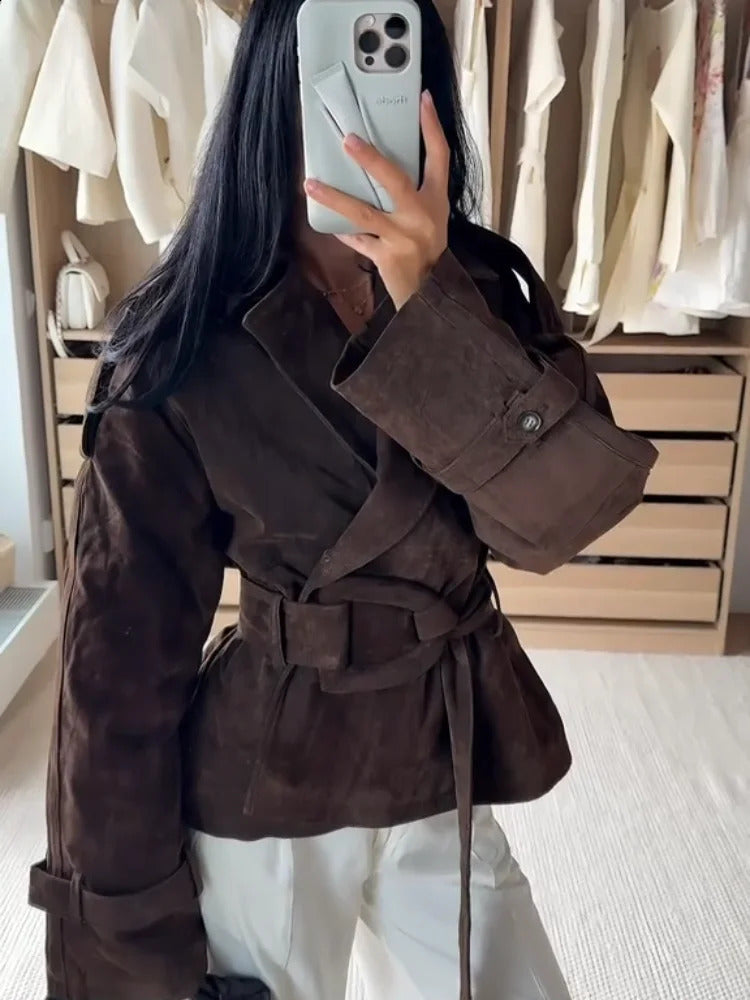 Women Brown Suede Cropped Trench Coat Jacket Belted Notched Lapel Laceup Retro Chic Outerwear Autumn Winter High Street Outfit 250919