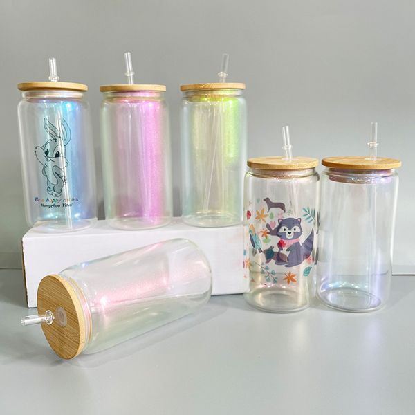 16oz blank sublimation colorful high Borosilicate iridescent rainbow ombre color glitter crystal clear soda beer coffee glass can delicate d