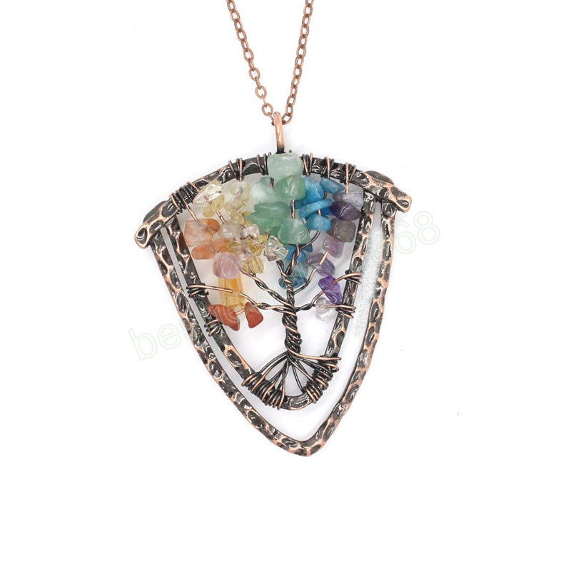 Tree of Life Natural Quartz Pendants Antique Copper Wire Wrap Suspension 7 Chakra Chip Stones Yellow Pink Crystal Pendulum Reiki