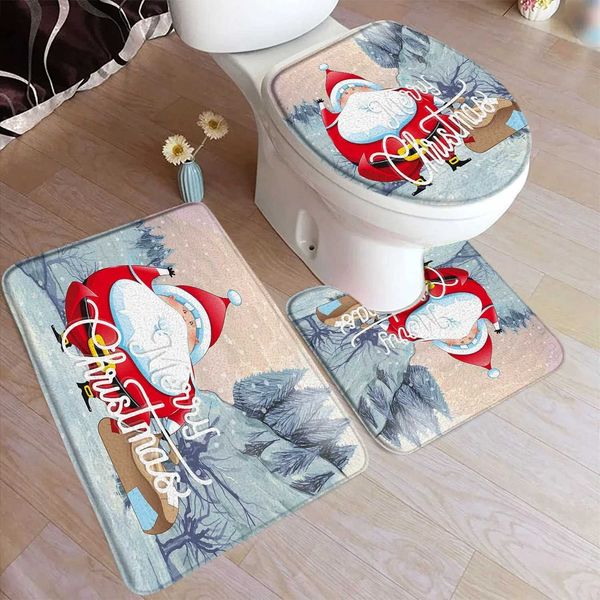 3-Piece Christmas Bath Mat Set Santa Claus Winter New Year Toilet Cover Foot Carpet Non slip Bathroom Accessories Set Door W241204