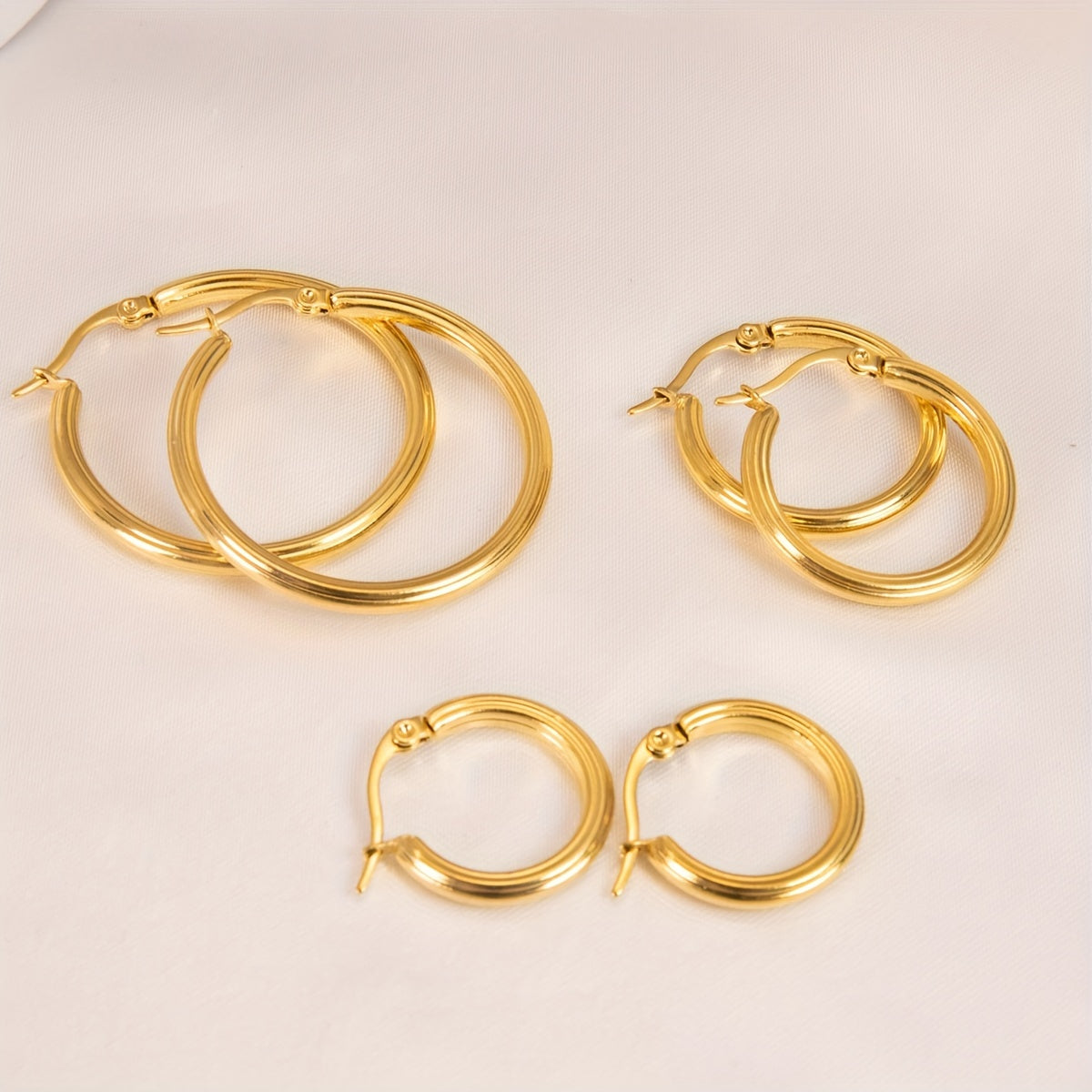 TEMU 3 Pairs-set Minimalist Steel Golden-tone Hoop Earrings, Elegant And Luxurious Casual Attire