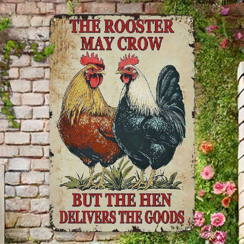 TEMU Vintage ' May Crow But The Hen Delivers ' Metal Tin Sign - Rustic Farmhouse Wall Decor For Home, Kitchen, Bar & Office - Iron Material, Easy To