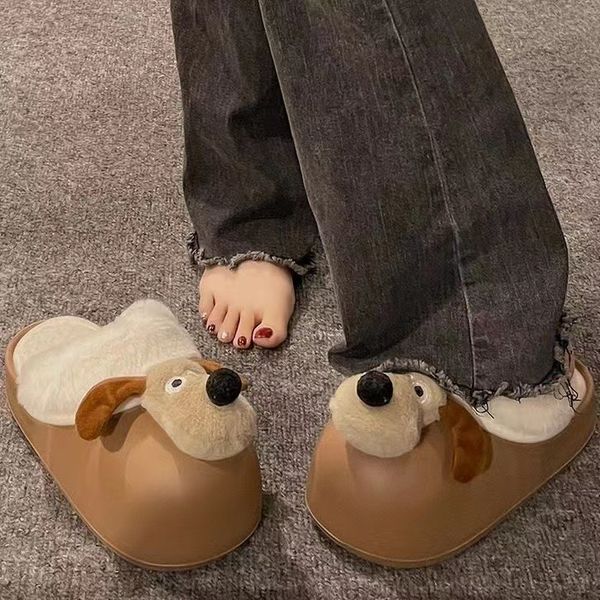 Detachable Cartoon Dog Waterproof Wearing Winter Cute Warm Cotton Slippers for Women