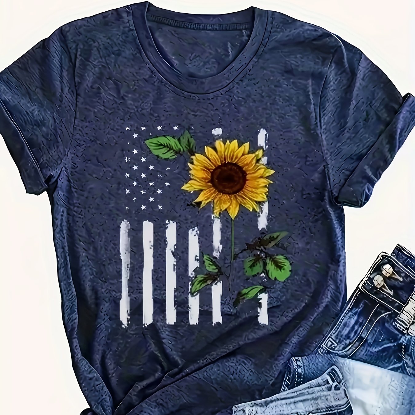 TEMU Sunflower-patterned Printing-casual Round Neck Sports T-shirt-spring-summer Sports
