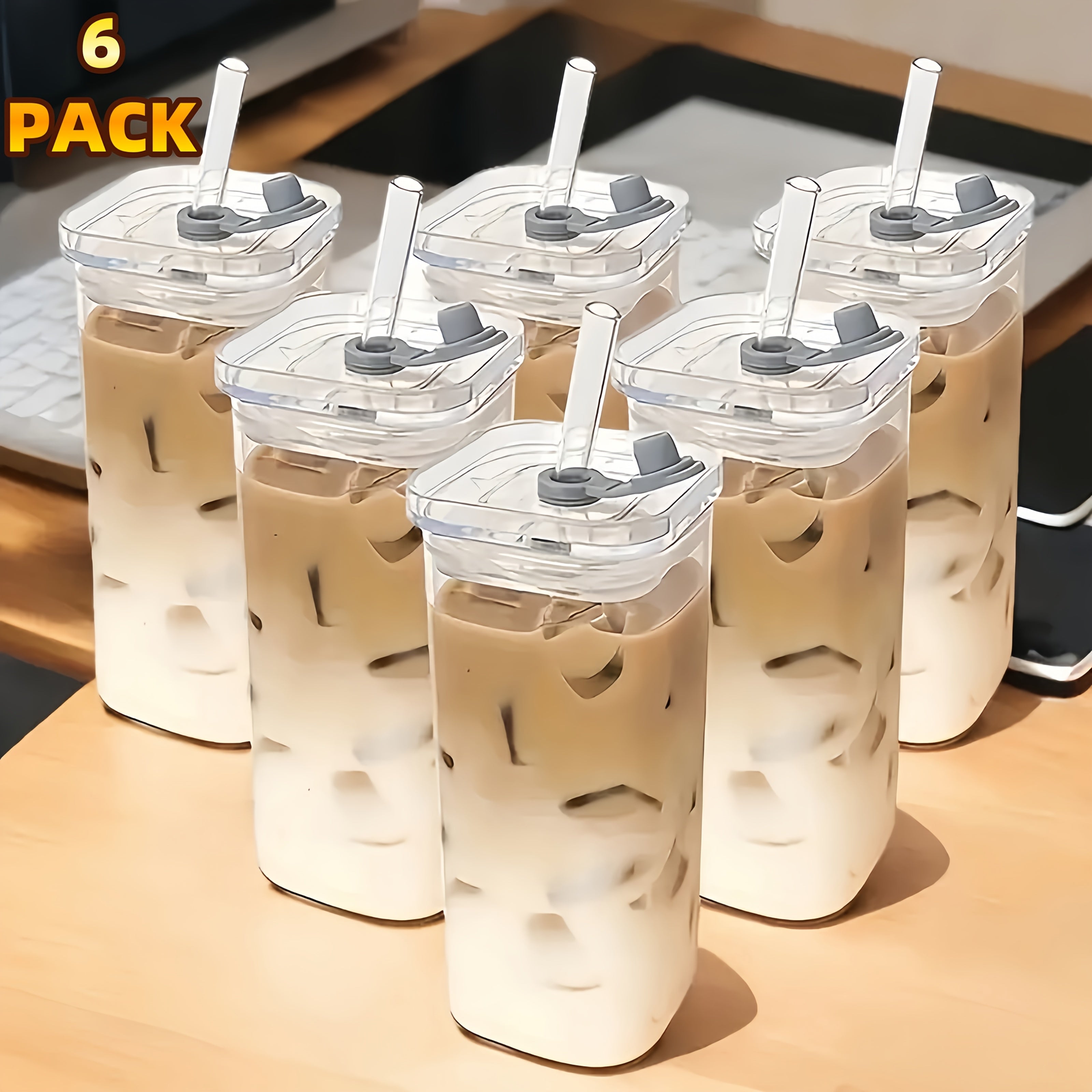 TEMU 6pcs Square Glass Cups With Leak-proof Lids & Straws - Portable Durable Drinking Cups For Iced Coffee, Office, Travel, Parties, Home, School,