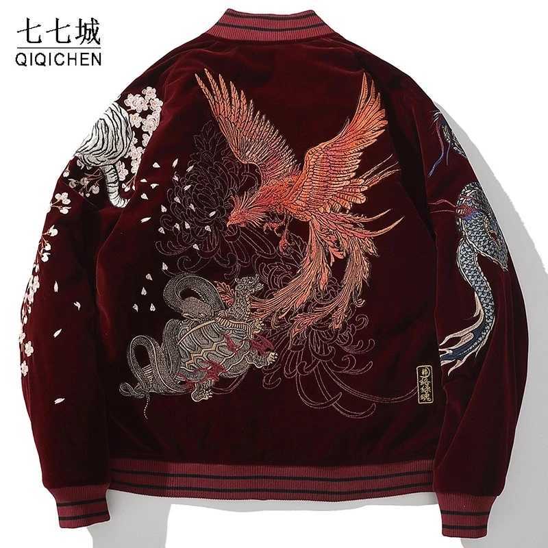 Men&#039;s Jackets Thicken Bomber Jacket Men Dragon Phoenix Animal Embroided Jbaseball Ackets Winter Japanese Retro Outwear Warm Velvet Coat 2022 Y2