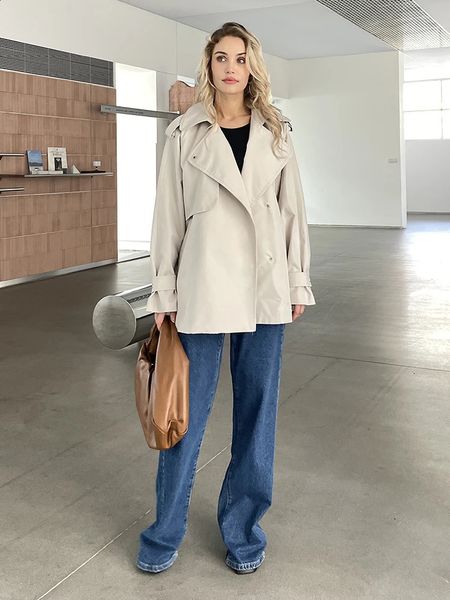 Women Fall Autumn Cotton Short Trench Jacket and Coat Casual Outerwear 240124
