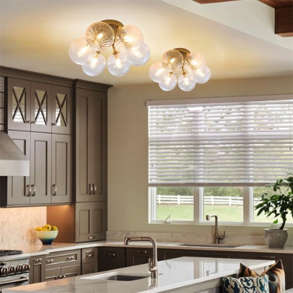 Longree Nordic Bubble Ball Swirled Glass Ceiling Lights Fixture 6-Light Gild Brass Clear Blown Glass Small Chandelier for Bedroom Study Bath