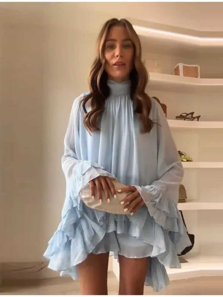 Fashionable blue turtle neck pleated mesh mini dress for women elegant pleated wide Panasonic swing skirt 2025 new street vestXJ250504