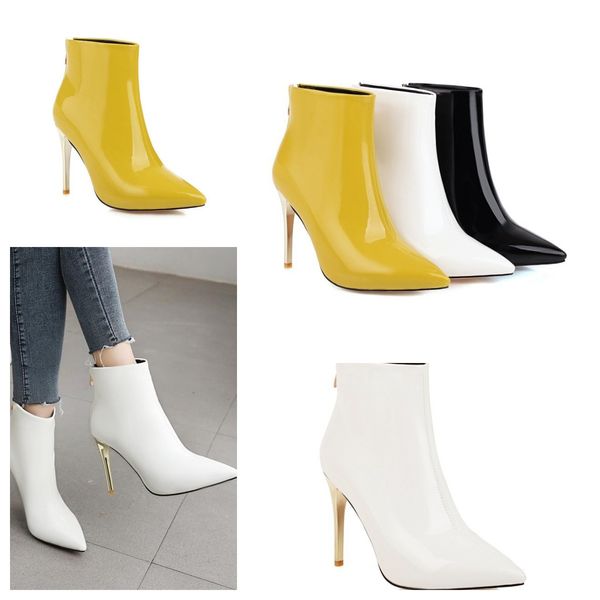 Dress shoes Style patent high-heeled short boots pointed high heels yellow womens boots short white zipper yellow ladies size 34-44