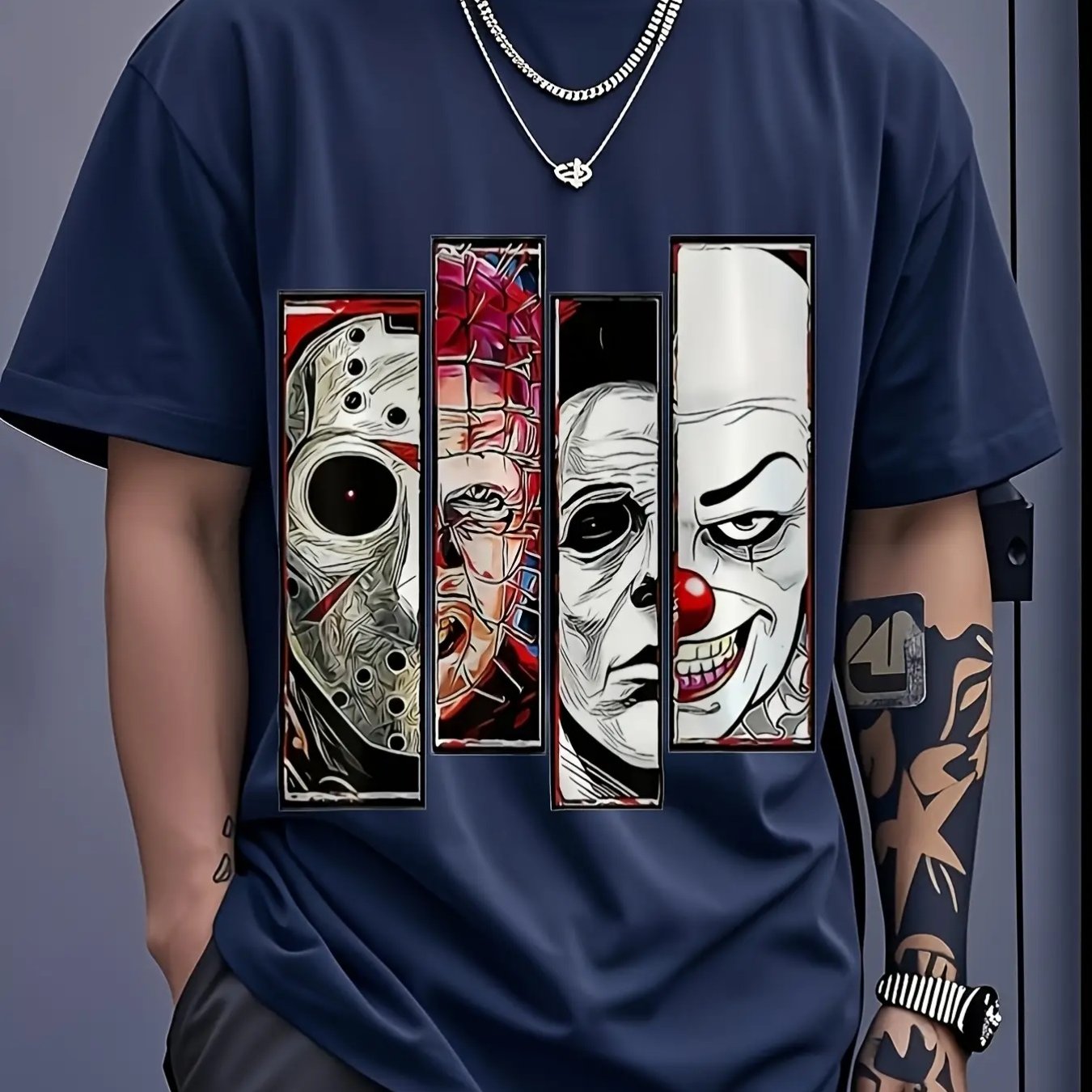 TEMU Men's Anime Horror Icons Graphic T-shirt - Jason, , & Chucky Printed 100% Cotton Casual Streetwear Round Neck Short Sleeve Tee For Pop Fans &