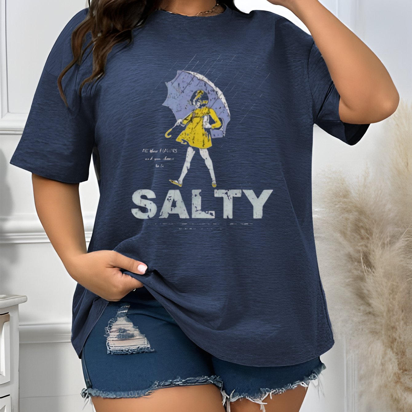 TEMU Plus Size Women's Salt & Pepper Graphic T-shirt - Casual Short Sleeve Crew Neck, Lightweight Polyester Blend, Beach & Summer Fashion, Summer