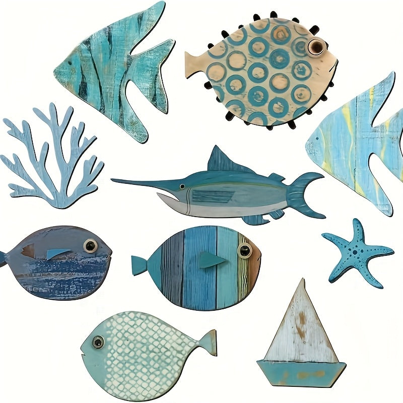 TEMU 10pcs Fish Wall Decor Of Fish Wall Decor Beach Theme Bathroom Decor Wooden Nautical Coastal Pictures Home Hanging Wall Art Gifts, Not 3d Pattern