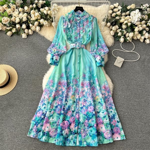 Fashion Holiday Flower Maxi Dress Womens Stand Collar Lantern Sleeve Floral Printed Belt Ruffles Boho Robe Vestidos 6301 240812