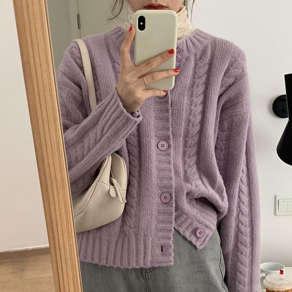 Soft Waxy Fried Dough Twists Solid Color Knitting Cardigan In Autumn Winter New Loose And Lazy Style Short Sweater Coat For Women F1105#35