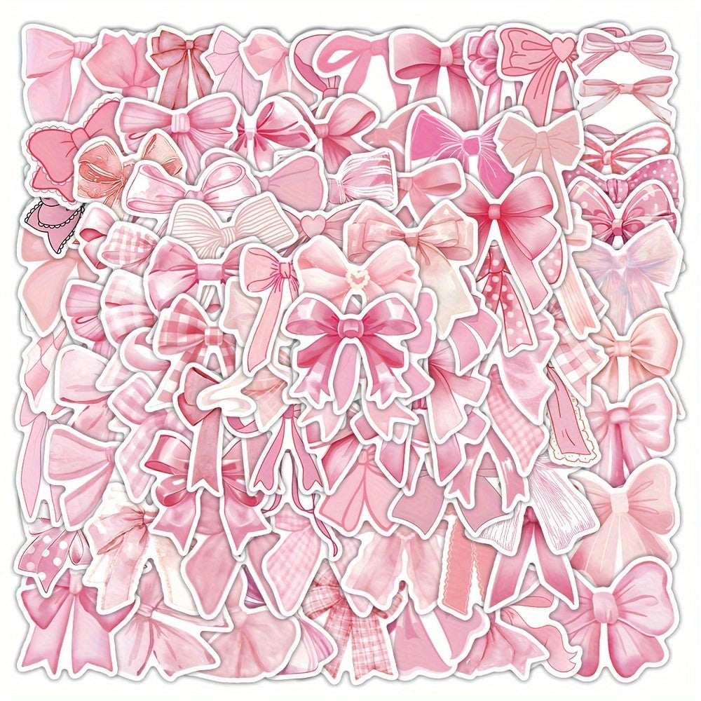 TEMU 100pcs Pink Bow Stickers Set, Girl's Whimsical Knot Decals, Scrapbooking, Laptop, Helmet, Waterproof Vinyl Paper Stickers For Diy Journal,