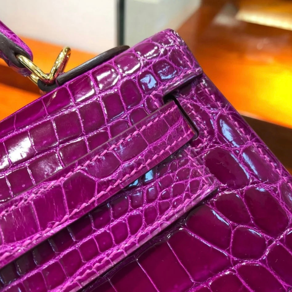 Luxury Shiny Croco Handbag Designer Crossbody Bag Shoulder Bag Business Bag 25 28 Fully Handmade in original French Niloticus Crocodile with 24K pla