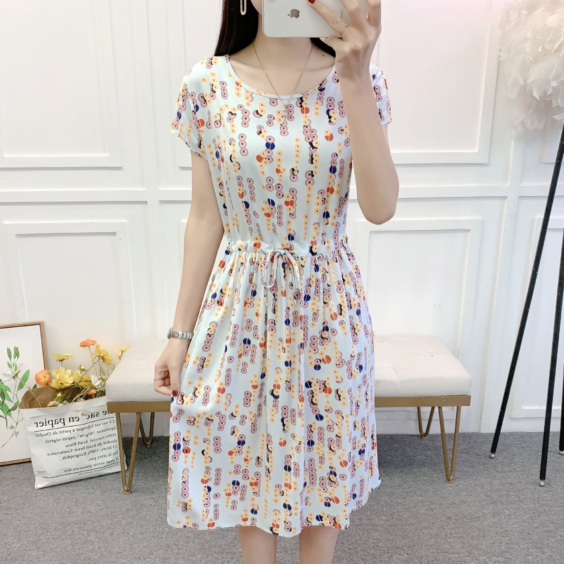 192 Summer mid-length outerwear cotton silk dress artificial cotton skirt waist women&#039;s slim short-sleeved floral new style