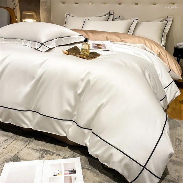 Bedding Sets Egyptian Cotton Set Double King Queen Size Solid Color Embroidery Duvet Cover Flat-Fitted Bed Sheet en