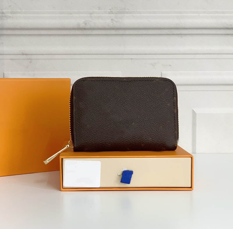 Women small zippy wallet designer coin purse genuine leather wallets high quality mini wallet fashion classic brown flower wallets card holders with