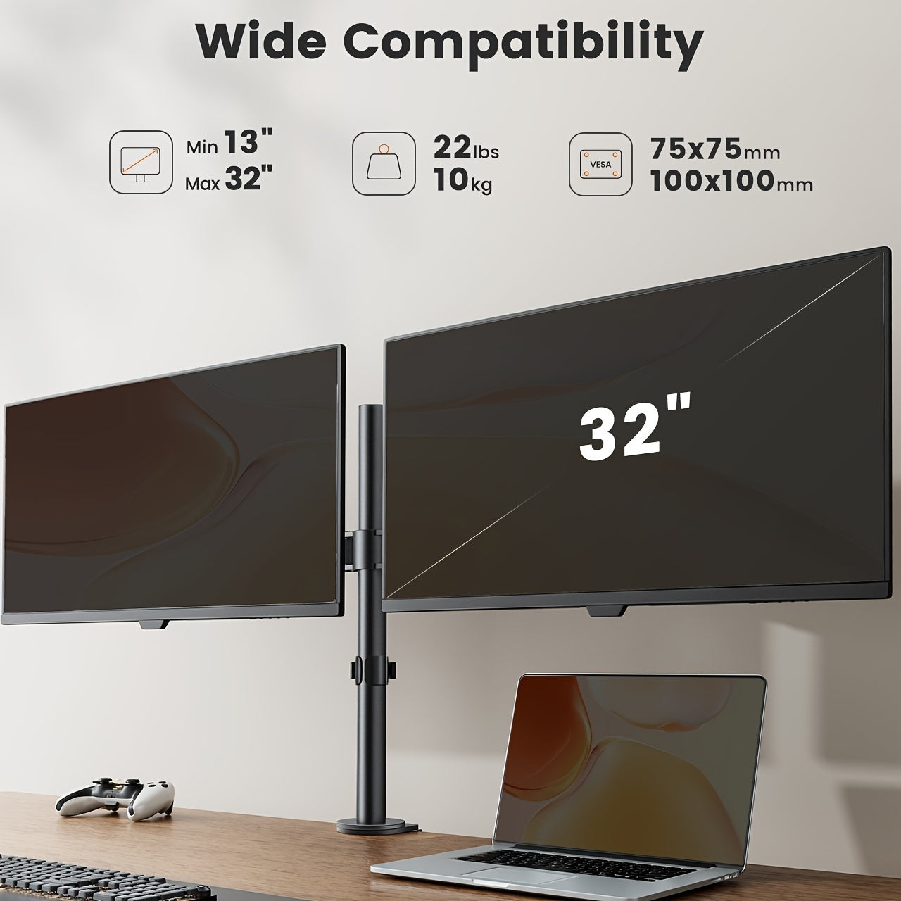 TEMU Dual Monitor Stand For 13 To 32 Inch, Fully Adjustable Dual Monitor Arm For 2 Computer Screens, Vesa -100x100mm, 45° Tilt & 360° Rotation,