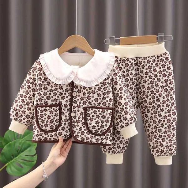 Winter Baby Clothes Set Kid Girls Thickened Warm Coat Jacket and Pants 2 Pieces Suit Children Leopard Trench Outdoor OutfitsXJ241216