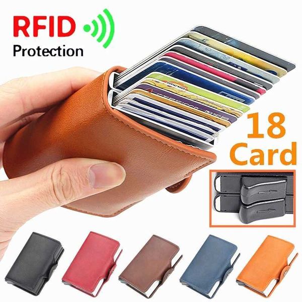 Card Holders 12 Card Slot Magic Anti RFID Double Aluminum Box Automatically Leather Wallet Card Holder Large Capacity ID Credit Bank Case z2