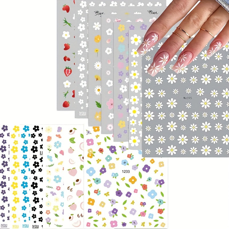 TEMU 14sheets Flower Nail Art Stickers, Floral Daisy Nail Decals 3d Self-adhesive Pink Daisy Small Summer Flower Nail Design Manicure Tips Nail Decor