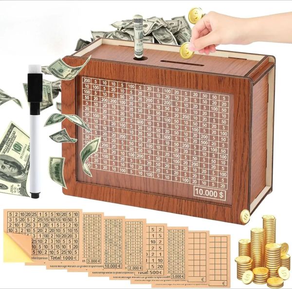 Euro Saving Money Box Piggy Bank Cash Wooden Savings Challenge Box with Money Target Numbers Tirelire Alcancia Spaarpot