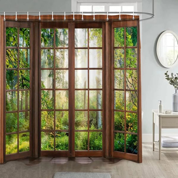 Forest shower curtains sunlight green trees plants brown windows natural landscape polyester bathroom curtain set with hook decoration 24090
