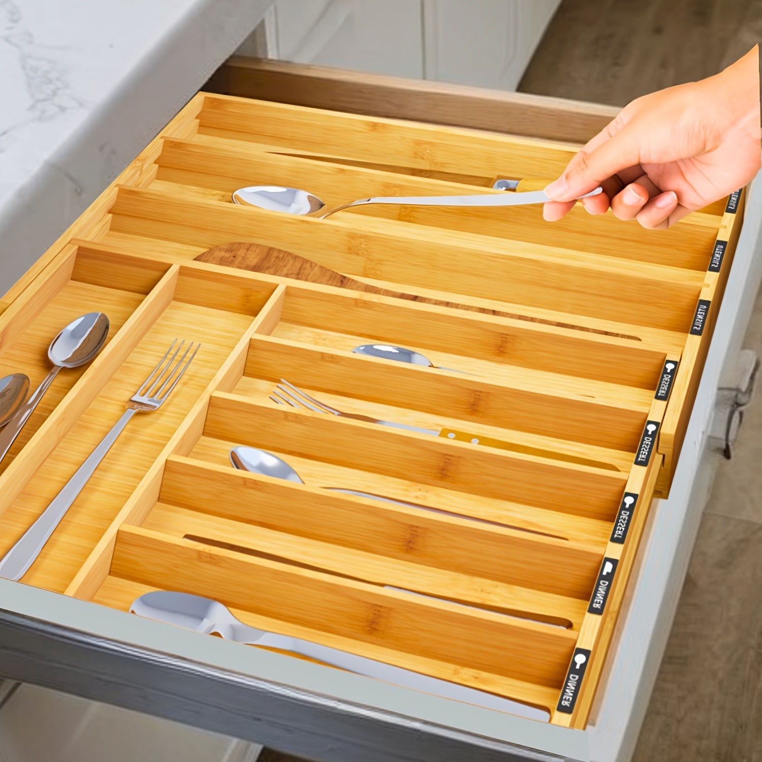 TEMU Kitchen Silverware Drawer Divider With Tags, Bamboo Utensil Tray Organizer For Cutlery, Flatware, And Knives Drawer Storage