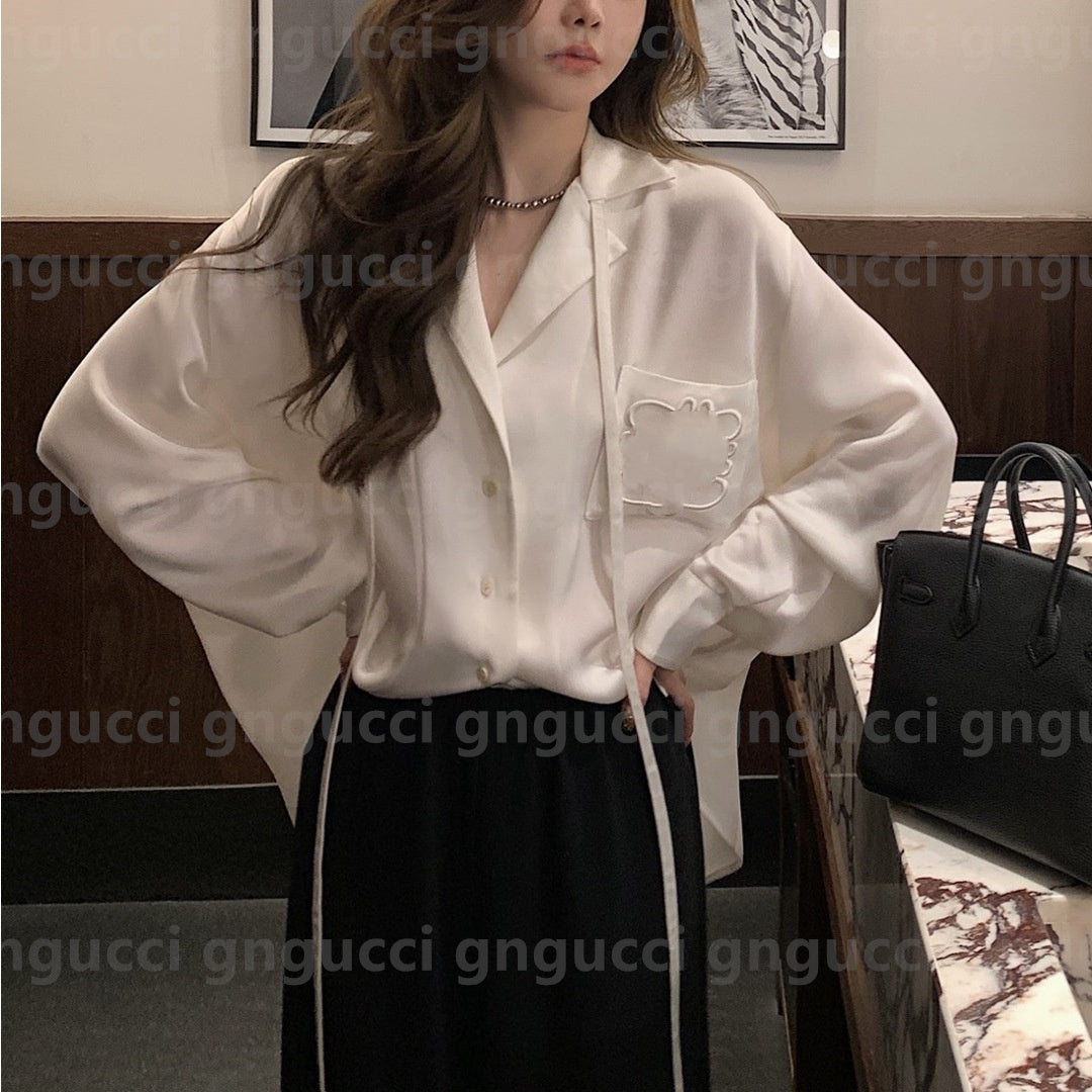 Designer Womens loose Blouses Long Shirts Silk satin Classic Summer New paris T-Shirt Casual Long Sleeve Tops Pocket Letters Embroidery Tops Size S-