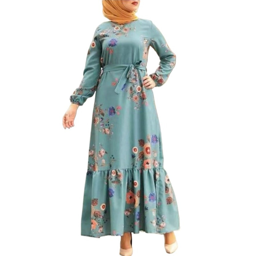 (508) New Medium-length Retro Printed Robe Belt Large Size Dress