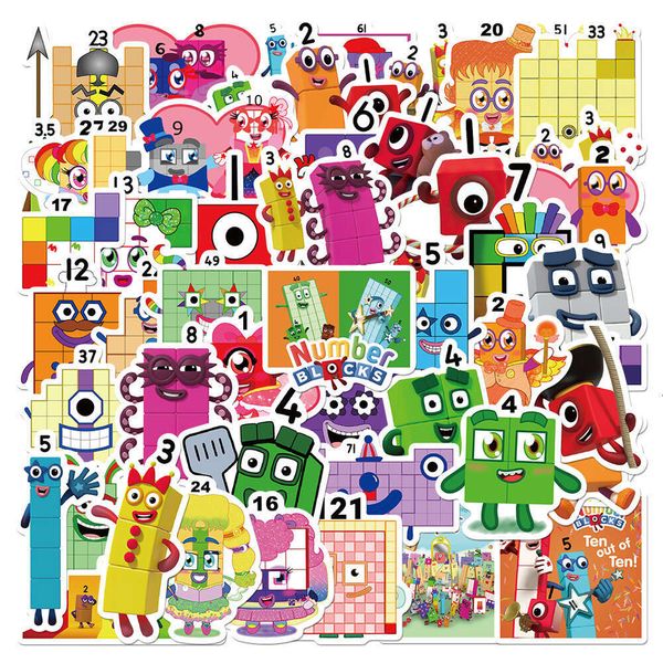 52 cartoon Number blocks stickers, English enlightenment toys, refrigerator, water cup decoration, DIY waterproof stickers