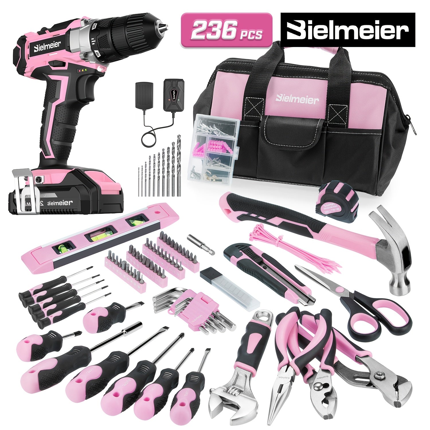 TEMU Bielmeier 236pcs Pink Tool Kit, Tool Set For Women, 20v Cordless Drill Driver, 2-speed, 64+1 Torque Adjustments, Max 32n.m, Includes Hand Tools,