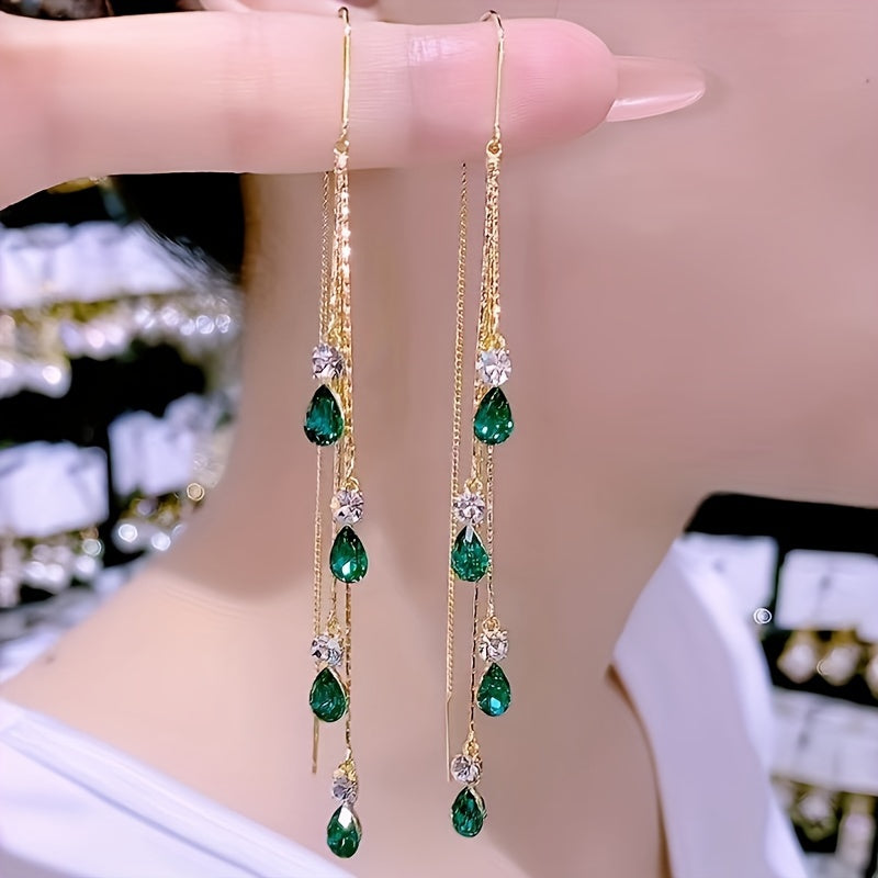 TEMU Elegant Green Tassel Earrings - Luxurious Alloy Dangle Jewelry For Women, Casual Attire &