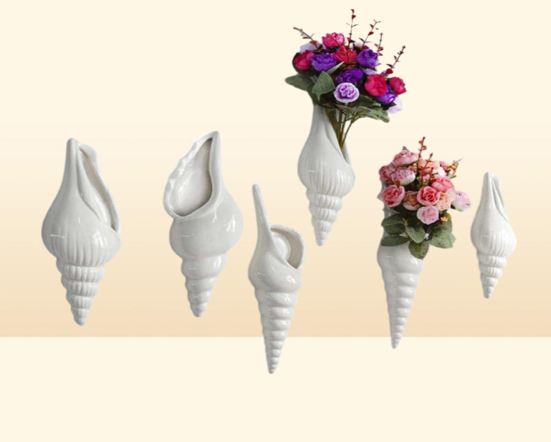 Vases 3 TYPES Modern White Ceramic Sea Shell Conch Flower Vase Wall Hanging Home Decor Living Room Background Decorated5516734