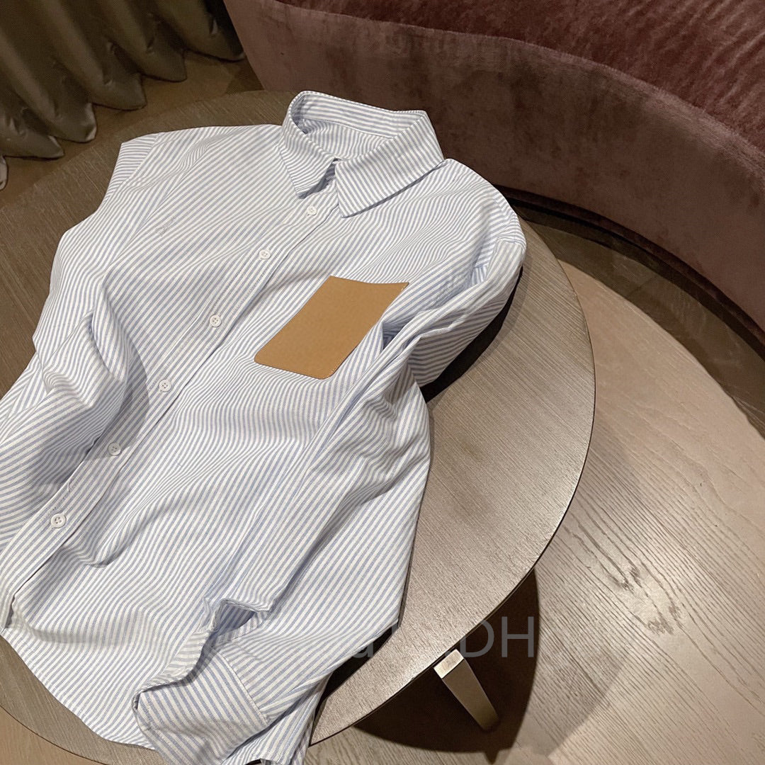 New Fashion Clothing Designer Shirt with Leather Disc Long Sleeve Botton Vertical Stripe Shirts Autumn Spring Clothes for Women Men S-M-L