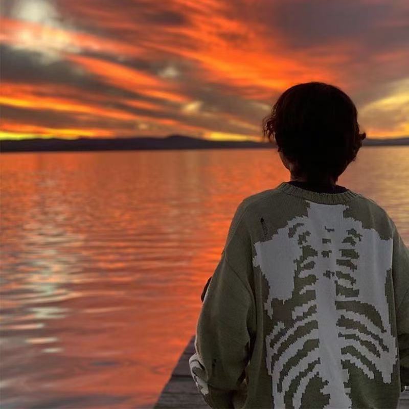 Men&#039;s Sweaters KAPITAL Kountry Skull Knitting Sweater Men Women Ghost Skeleton Graphic Vintage Destroyed Green Hole Pullovers