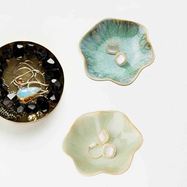 Decorative Plates Ceramic Lotus Storage Trays Green Creative Tray For Decoration Jewelry Plate Jewelry Organizer Containers Desktop Decor CL