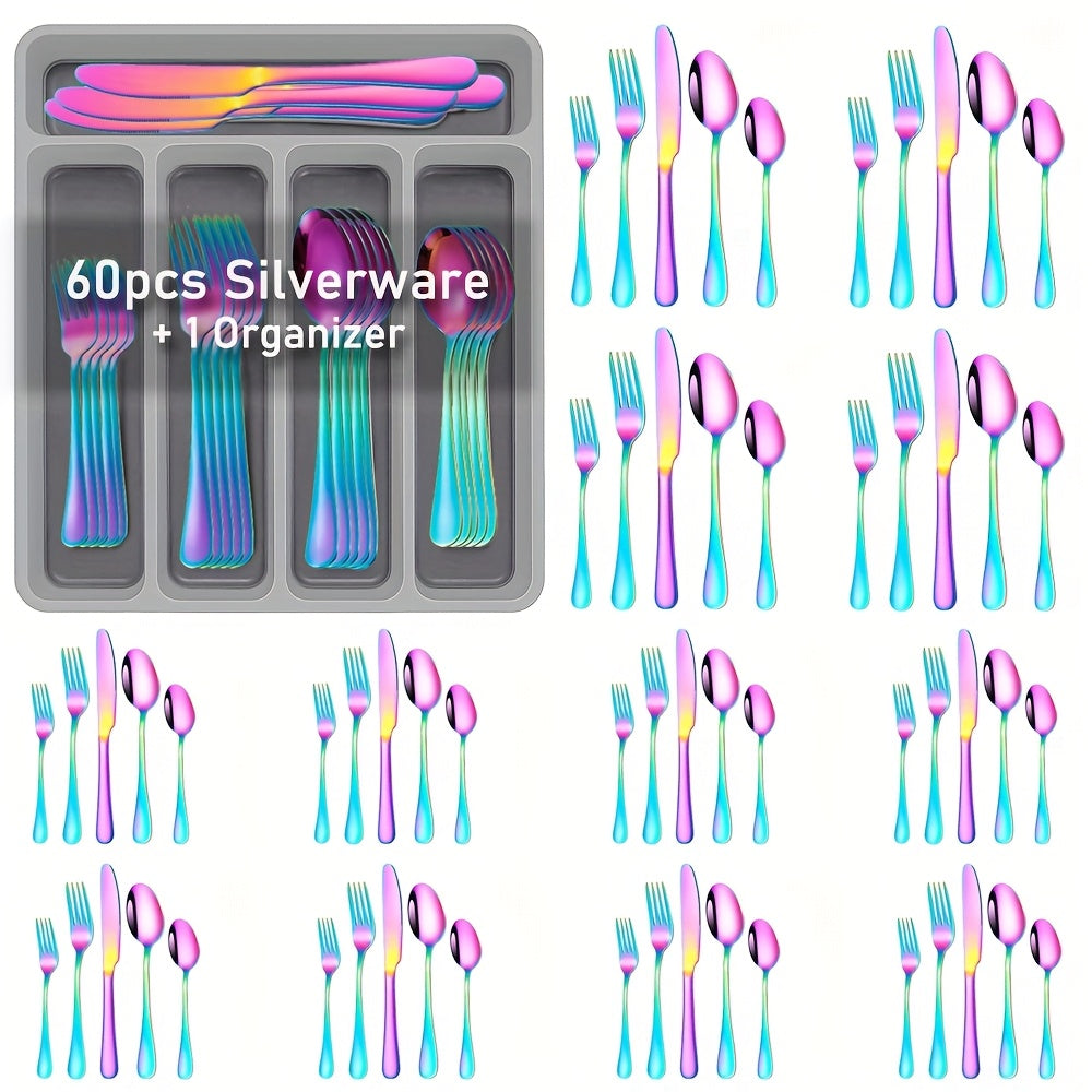 TEMU 60pcs Silverware Set With Organizer, Stainless Steel Flatware Set For 12, Cutlery Utensil Sets For , Tableware Set Forks Spoons And Knives,