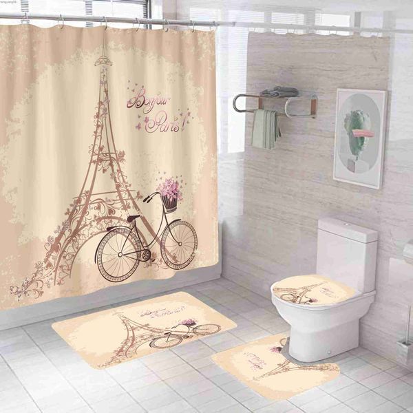 Shower Curtains Landscape Eiffel Tower Paris Printed Bathroom Shower Curtain Set Waterproof Anti Slip Pedestal Rug Lid Toilet Cover Bath Mat